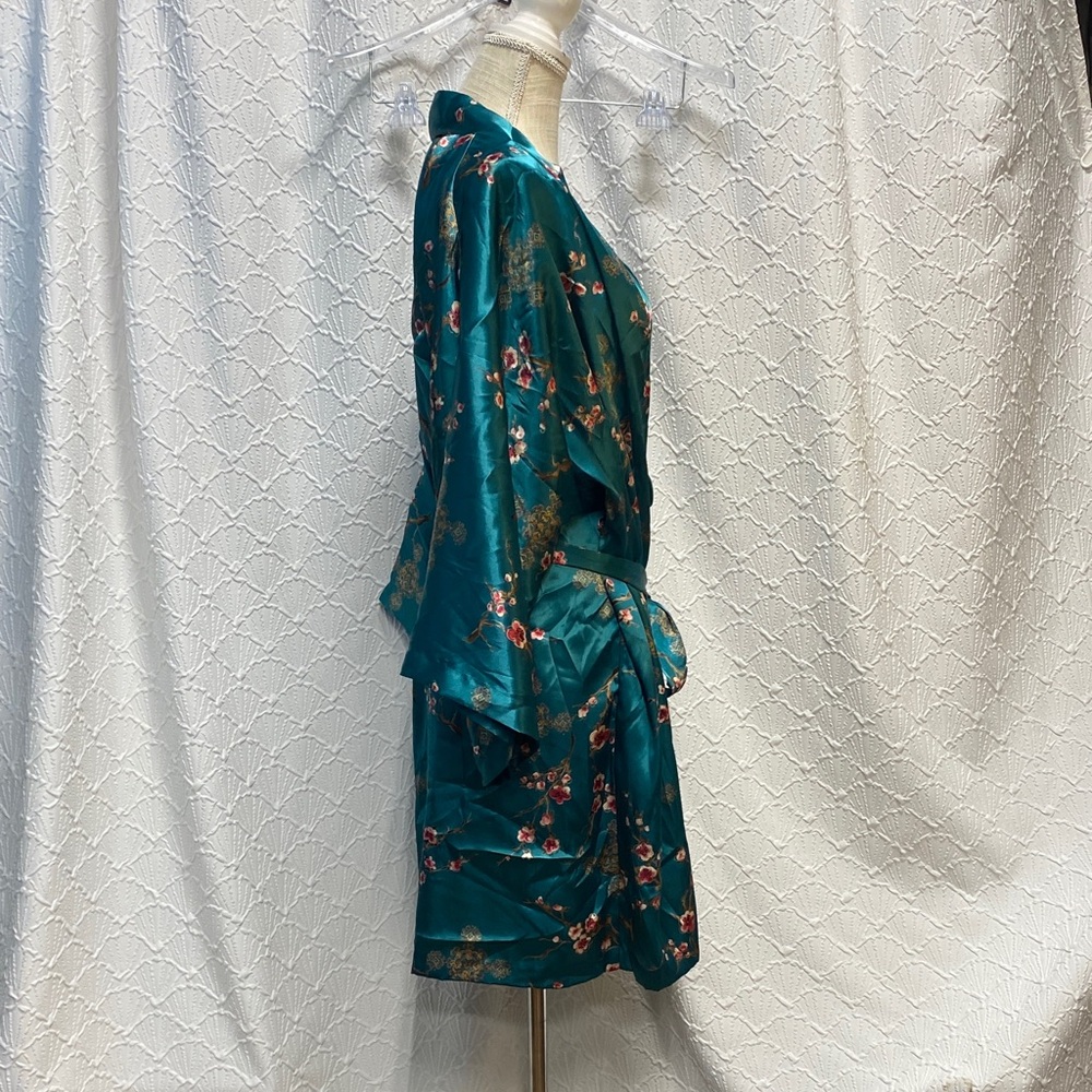 California Dynasty size large Floral Satin Kimono Robe‎ set - Teal oriental sexy - Picture 8 of 16